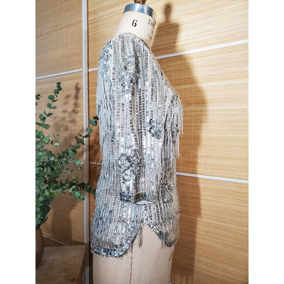 Rare Vintage Silver Glass-Beaded Fringe Silk Tee size XS / S - Picture 4 of 17